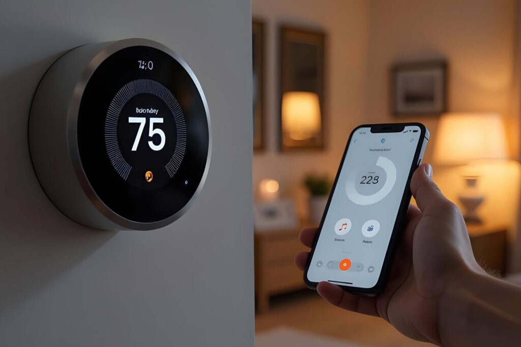 Smart thermostat and mobile app managing temperature.